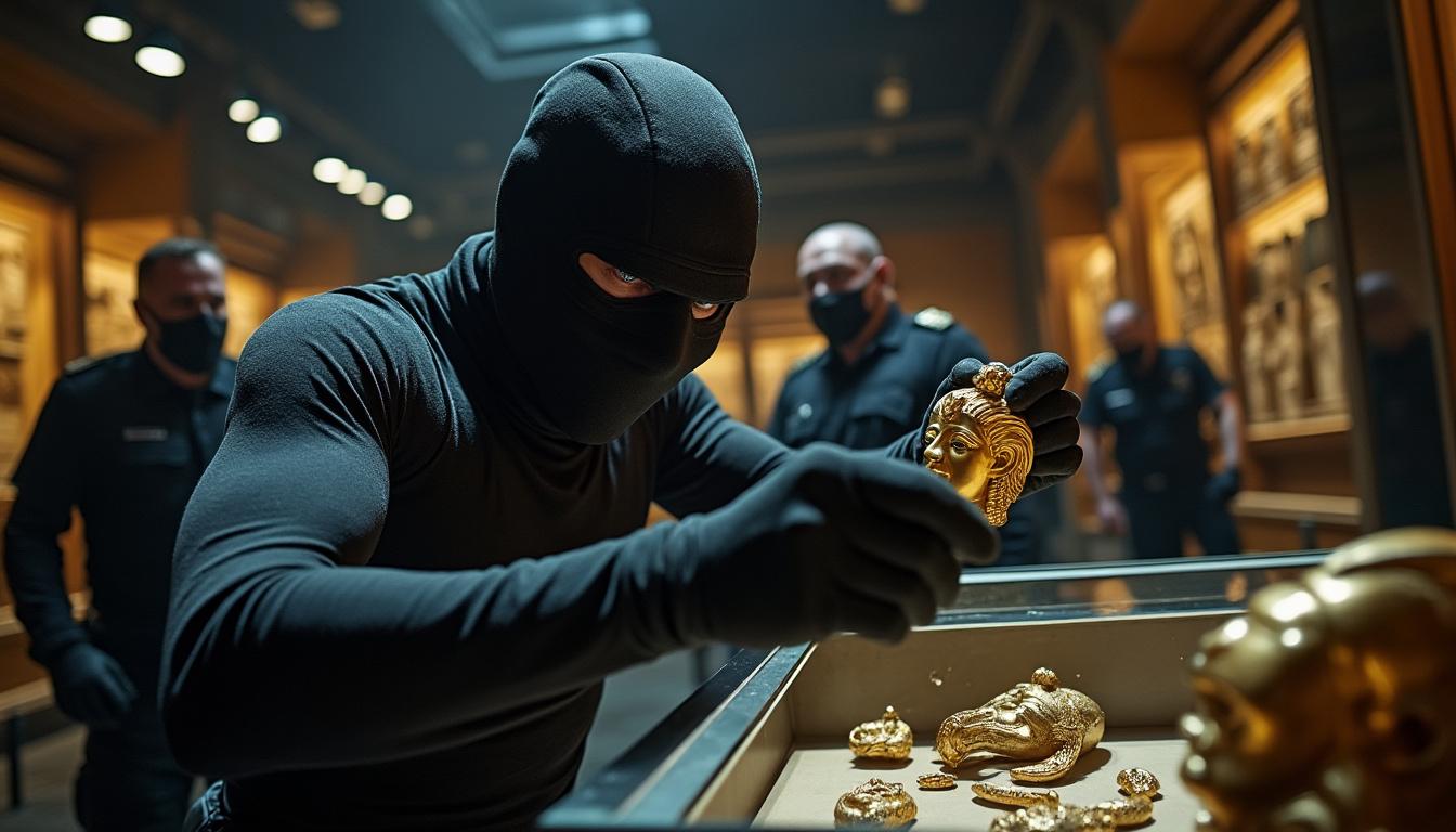 suspected cat burglar apprehended after stealing priceless egyptian artifacts from queensland museum, highlighting a daring heist and ongoing investigation.