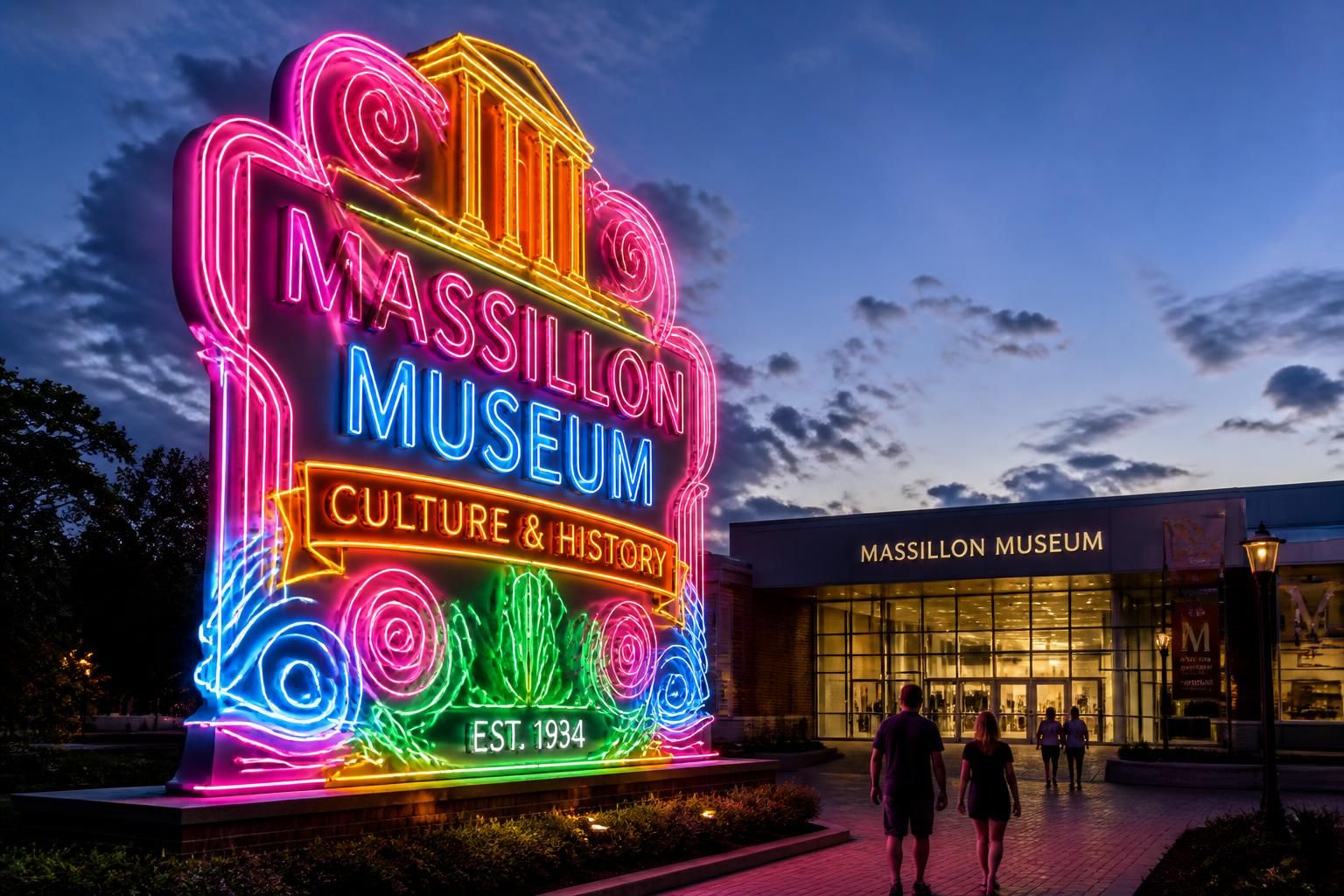 discover the massillon museum's vibrant new 30-foot neon sign, designed to guide and attract visitors with its striking visual appeal.