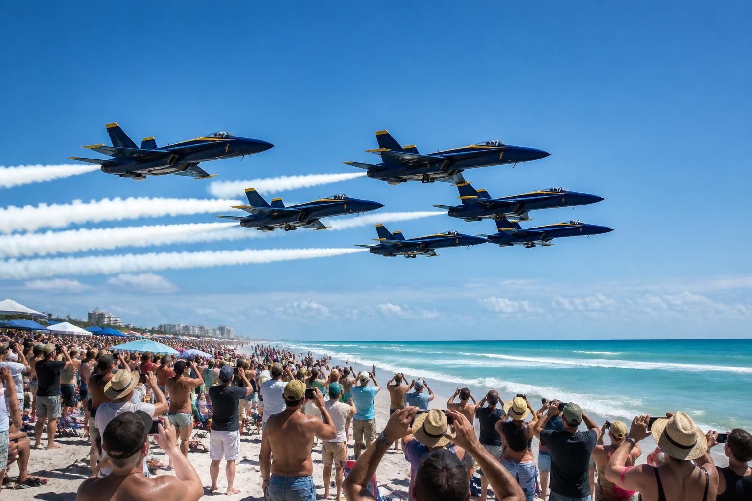experience the excitement as the blue angels dazzle crowds with a spectacular low pass at the pensacola beach air show, showcasing precision flying and breathtaking aerial maneuvers.