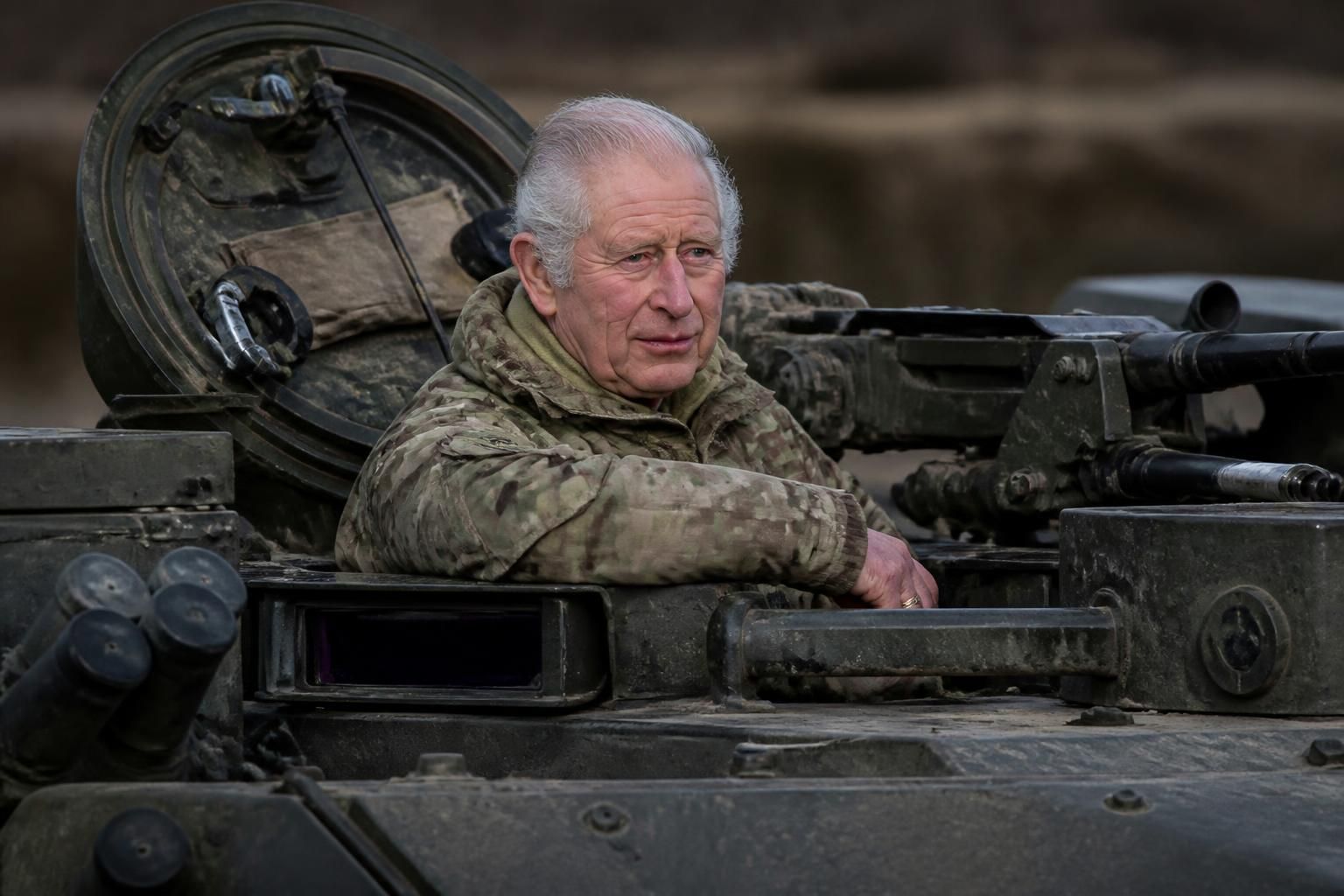 king charles demonstrates remarkable composure and strength as he rides in the turret of a british army tank, showcasing his resilience and dedication despite his age.