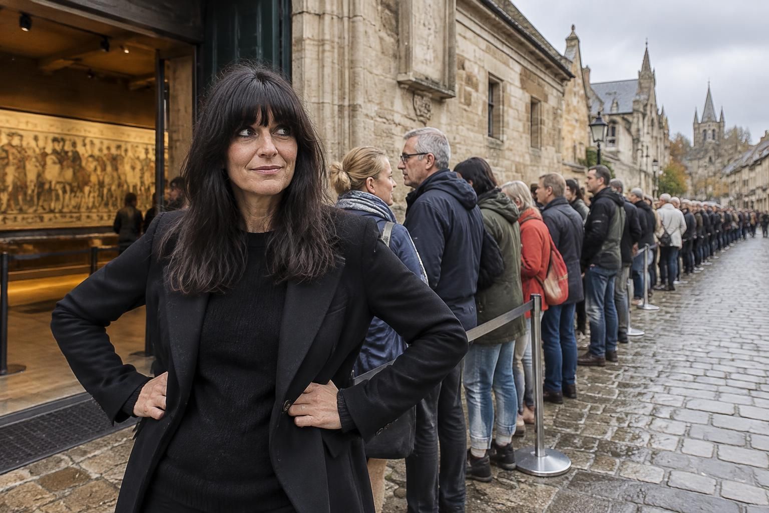 claudia winkleman takes on the queue to see the bayeux tapestry, as the iconic historic artwork draws visitors from far and wide.
