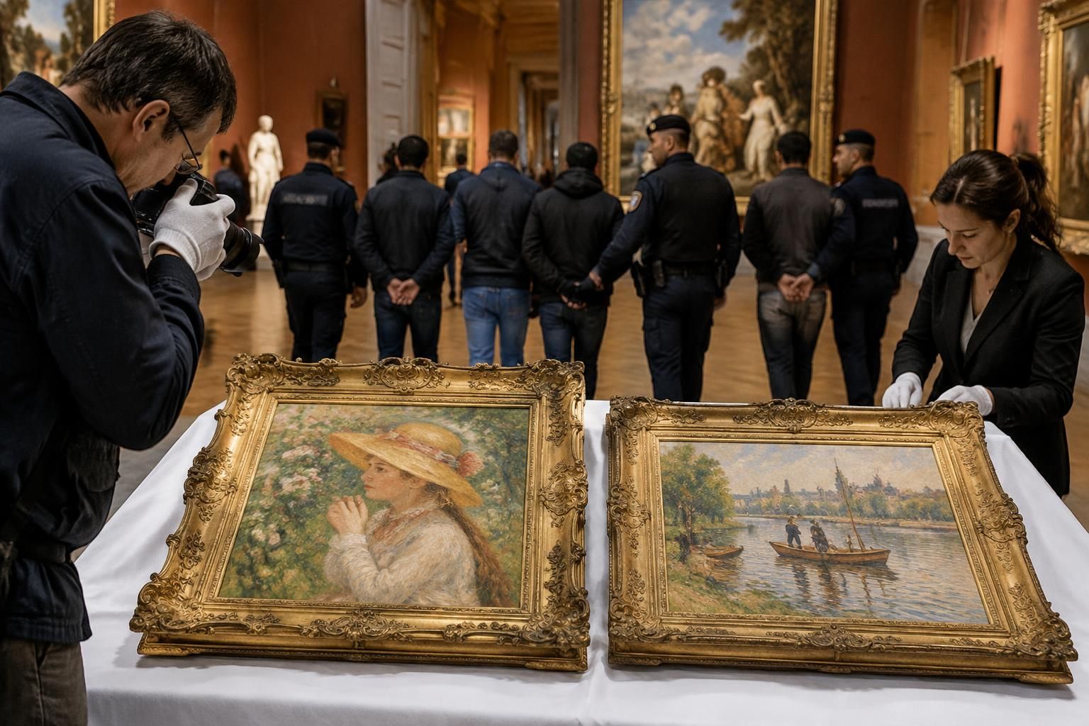 two renoir paintings stolen from a french museum have been recovered, and six people have been arrested in connection with the theft.